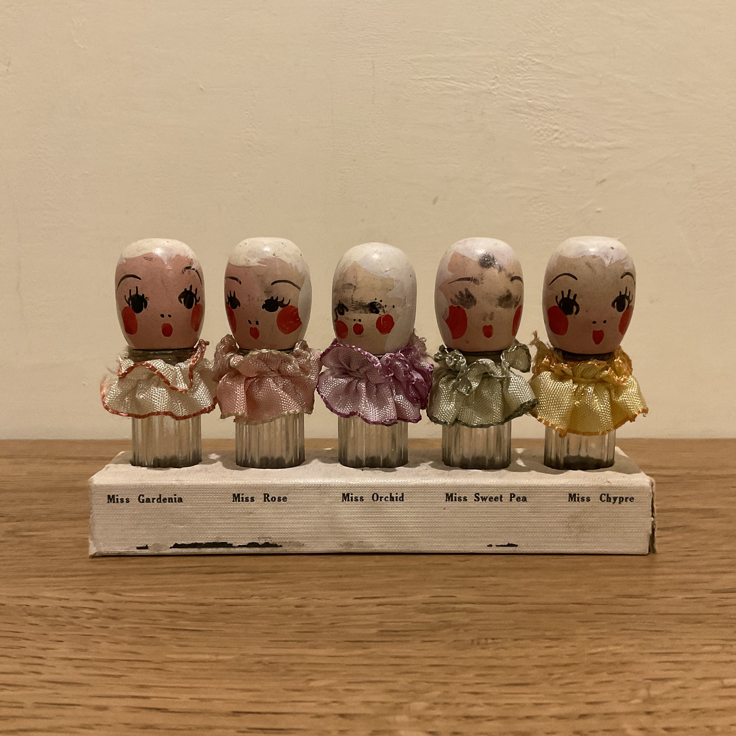 Vintage Karoff Perfume Bottle Set: Floral Quintuplet Dolls, 1930s
