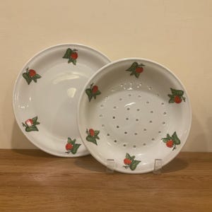 Vintage APILCO Porcelain Raspberry Themed Colander and Underplate: French Country or Cottage Kitchen Gift