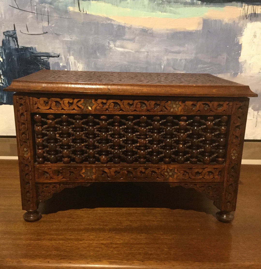Ornate Small Vintage Syrian Dowry Chest With Mother of Pearl Inlay and Intricate Latticework