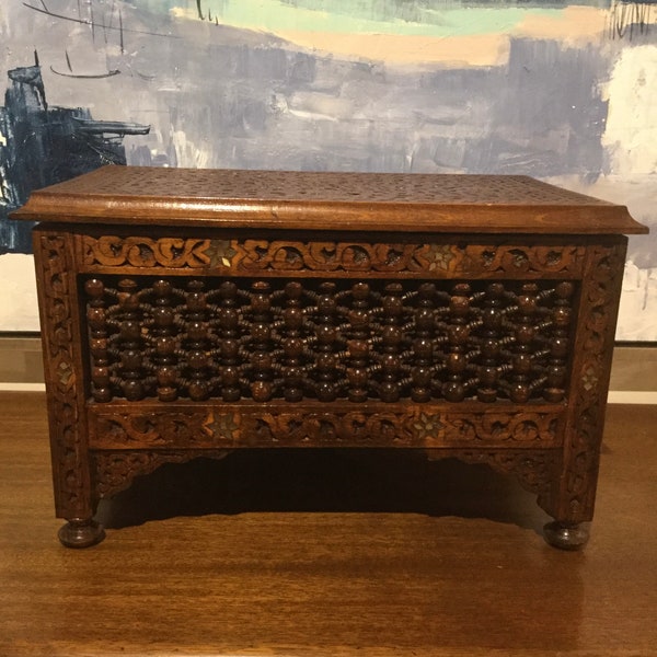 Ornate Small Vintage Syrian Dowry Chest with Mother of Pearl Inlay and Intricate Latticework Tabletop Wood Syrian Wedding ChestAleppo Syria