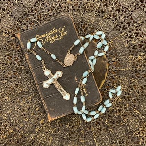 Vintage Blue Glass Rosary: Silver Tone Religious Gift