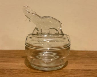 Pot à poudre éléphant en verre transparent, boîte à bijoux de la société Jeannette Glass Company, décor des années 1940 et 1950, cadeau de bonne fortune