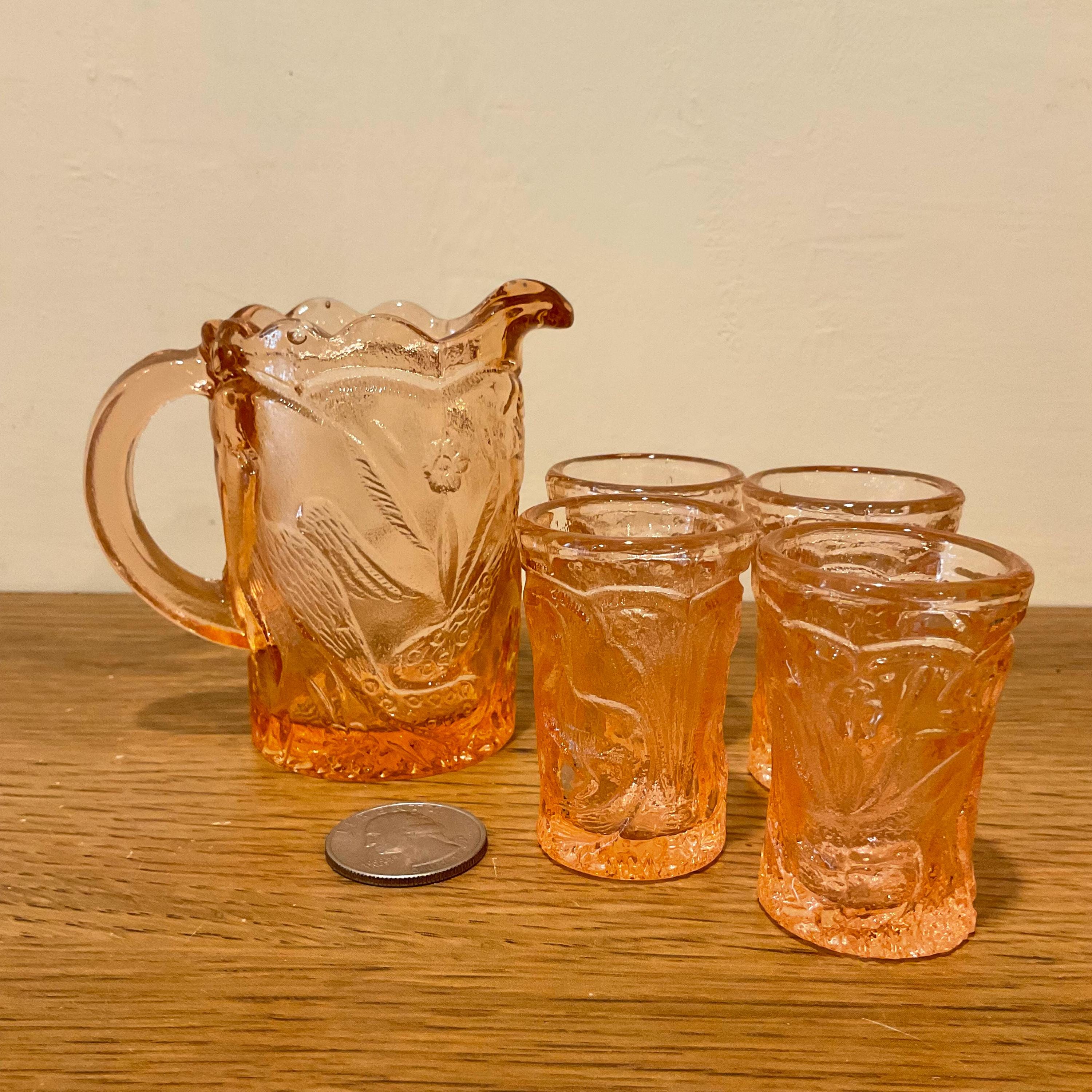 Pink Depression Glass Miniature Pitcher Set, Peacock Motif