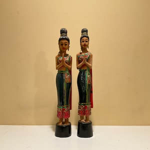Pair Vintage Carved Wood Thai Sawasdee Statues: Mid Century Asian Decor