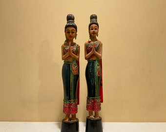 Pair of 20” Carved Wood Thai Sawasdee Pose Women Statues Well Being Gift Mid Century Home Decor Mantle Decorations Thailand Asian Decor
