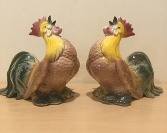 Ceramic Rooster Figurines: Rustic Farmhouse Kitchen Decor, Pair