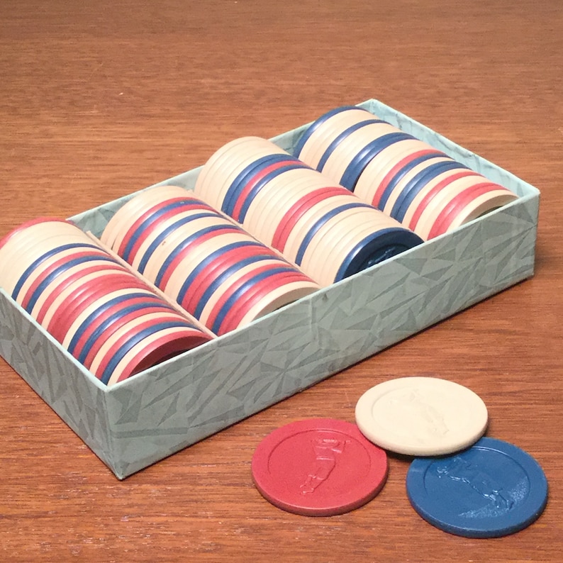 Box of 100 Vintage Embossed Golfer Composition Poker Chips in Red White and Blue Poker Night Vintage Poker Chips