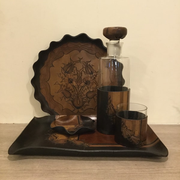 Vintage 5 Piece Tooled Leather Valet Set with Alcohol Decanter Low Ball Glass Serving Trays and Coin Dish Unique Leather Gentleman’s Gift