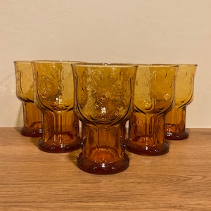 Vintage Libbey Amber Daisy Glasses - Set of 6 - 1970s Kitchen Decor