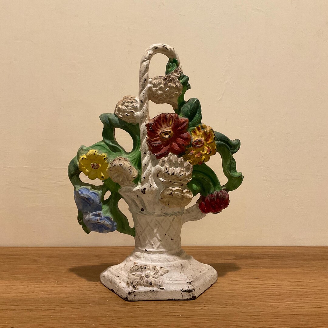 Antique Cast Iron Flower Basket Doorstop: Shabby Chic Painted