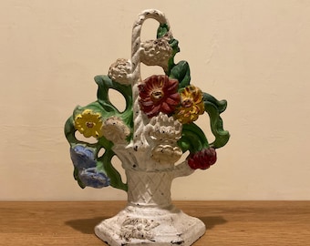 Antique Cast Iron Flower Basket Doorstop: Shabby Chic Painted Metal Decor