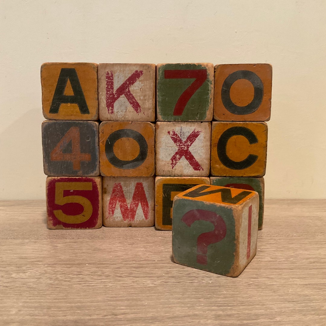 Set of 13 Antique Wood Baby Blocks With Letter Numbers and Symbols Baby Shower Decorations