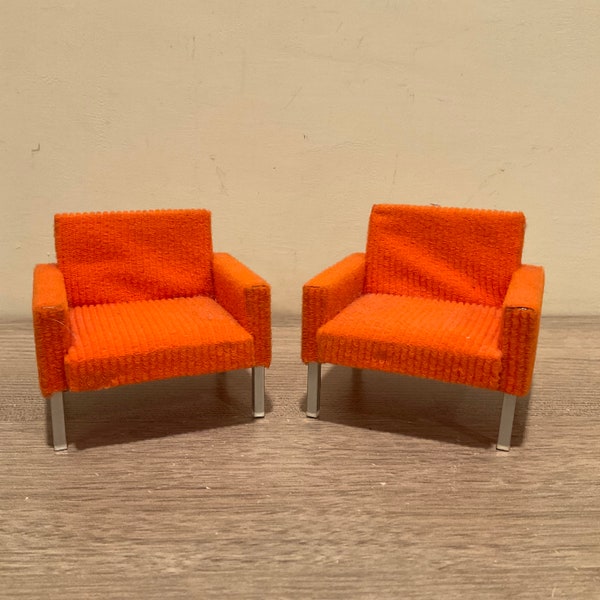 Pair of Bodo Hennig Upholstered Armchairs in Orange Fabric Mid Century Modern Dollhouse Furniture Colorful Miniature Chairs 1960’s to 1970’s