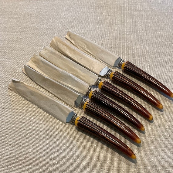 Vintage Crown Crest Carving Set & Steak Knives: Faux Stag Horn