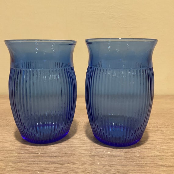 Vintage Hazel Atlas Cobalt Blue Ribbed Pitcher and Juice Glass Set
