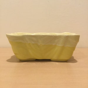 May include: A yellow ceramic planter with a slightly raised rim and a wavy edge. The planter has a light yellow glaze and a slightly darker yellow base.