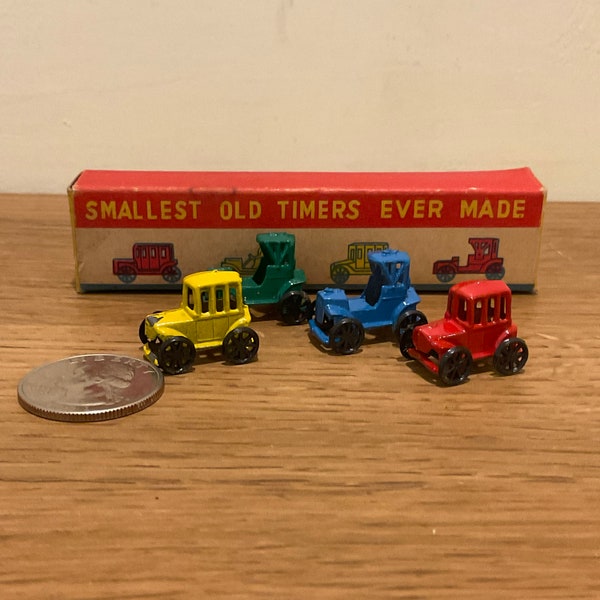 Set of 4 Vintage Miniature Die Cast Cars with Original Box Made in Japan Tiny Old Time Cars Primary Color Toys Tiny Cute Things Vintage Toys