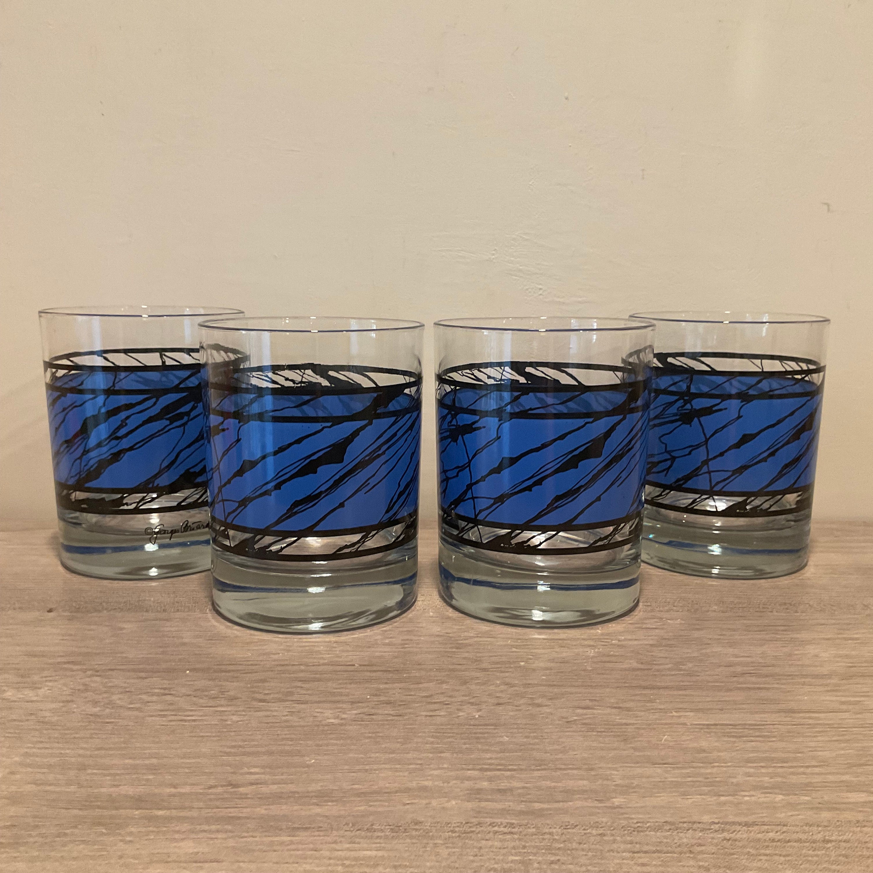 4- Modern Drinking Glasses Smokey Blu Square Bottom Glasses 6-1/4 Tall  Vintage