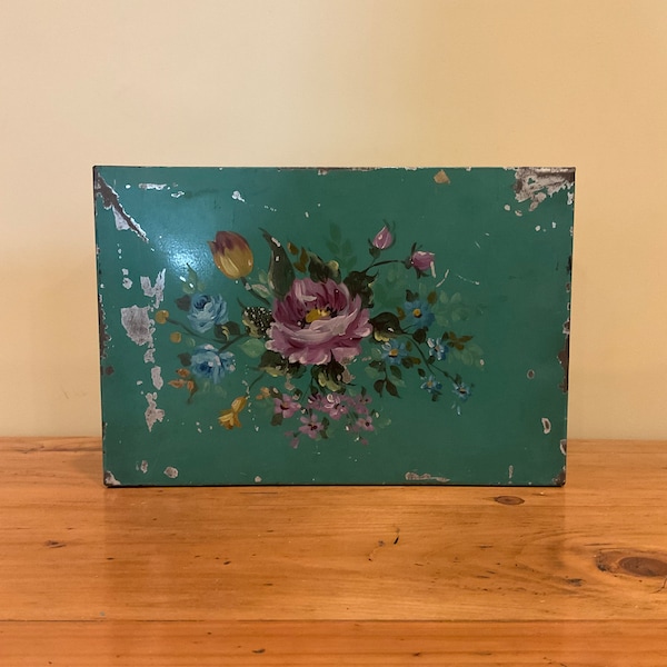 Vintage Tole Painted Metal Box with Flowers Multiple Compartment Box with Removable Tray & Fold Down Front Old Cash Box Shabby Chic Decor