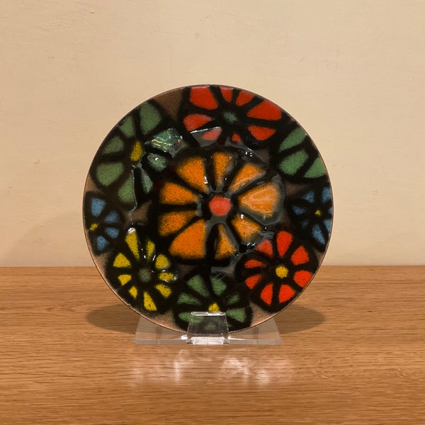 Vintage Mid Century Copper Enameled Flower Dish Colorful Trinket Dish Flower Power Decor Round Flower Dish