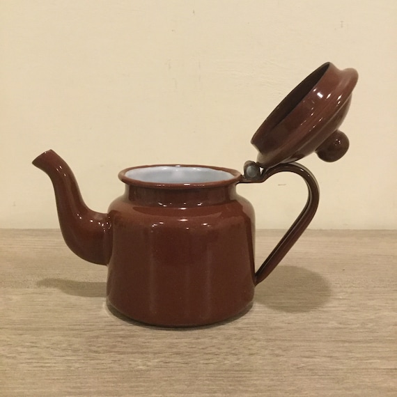 Hervidor de agua esmaltado marrón con capacidad para 1 taza, pequeño,  Vintage, con bisagra, tetera de