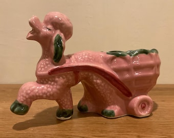Vintage Pink Poodle Cart Planter: Mid Century Pottery Dog Lover Gift