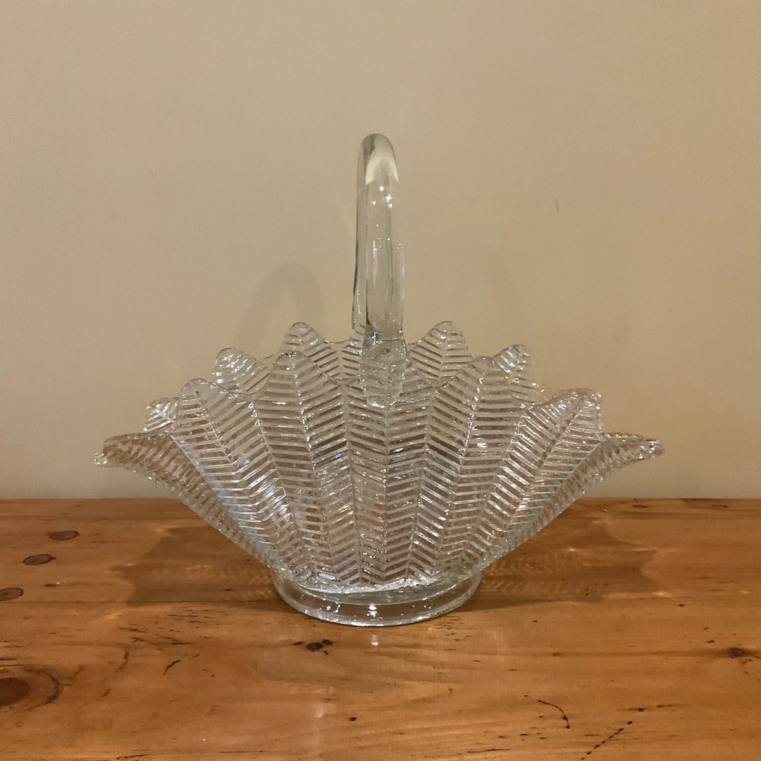 Vintage Glass Basket Large Clear Glass Easter Basket With Leaf Etsy