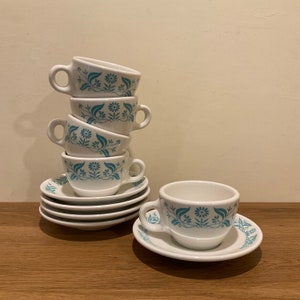Set 5 Homer Laughlin Best China Coffee Cups and Saucers Turquoise and White Flower Restaurant Dinnerware Diner Cups Saucers