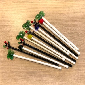 Set of 12 Unique Glass Cocktail Sticks in 3 Styles Glass Cocktail Stirrers with Palm Tree Ball and Tree Branch Tops Glass Swizzle Sticks