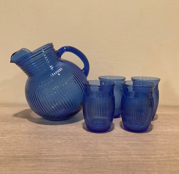 No.70 エジプシャングラス【やや大きめSサイズ】ブルー系 Vintage Hazel Atlas Cobalt Blue Ribbed Pitcher and Juice Glass Set