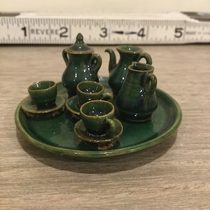 Vintage Dollhouse Miniature Pottery Tea Set: Green Glaze Mexican Pottery