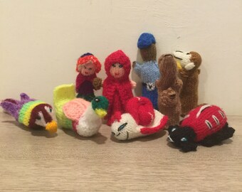 Marionnettes à doigt tricotées à la main - Personnages, animaux, oiseaux et insectes - Lot de 9