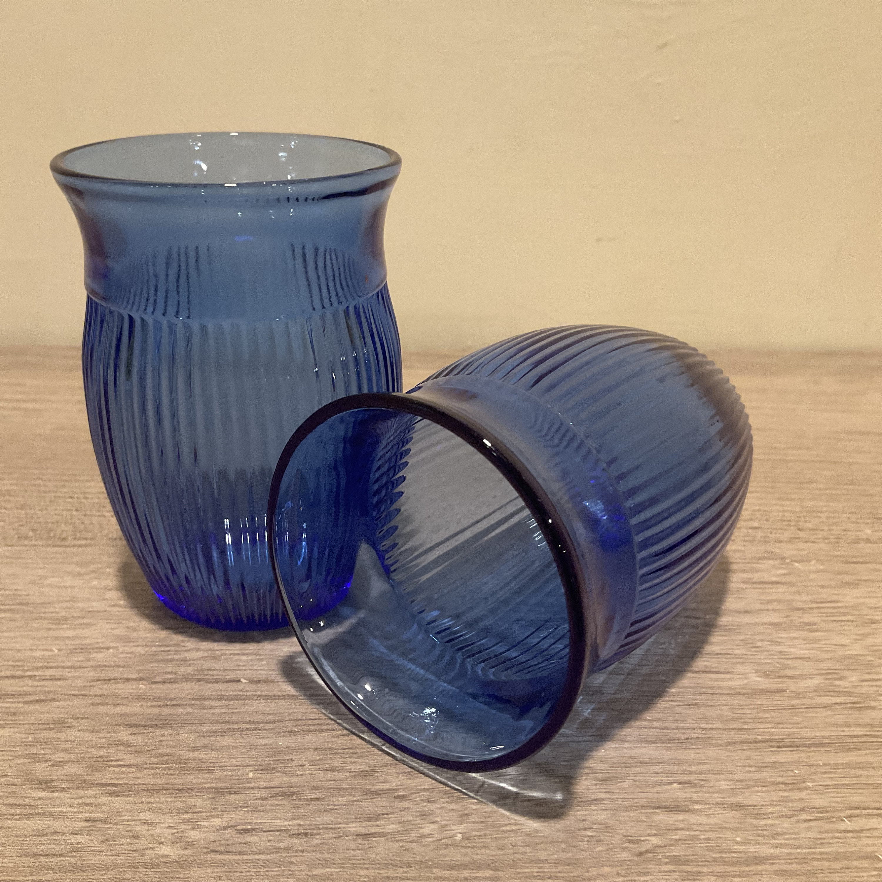 Vintage Hazel Atlas Cobalt Blue Ribbed Pitcher and Juice Glass Set
