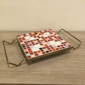 Vintage Mid Century Mosaic Tile Trivet with Metal Handles