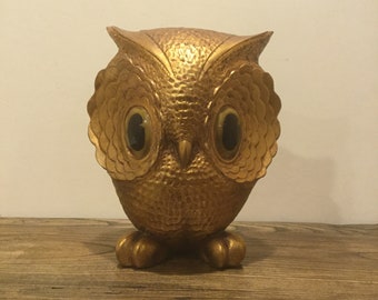 Super Cute Vintage Big Eyed Ceramic Owl Statue Metallic Gold Just Under 9” in Height Mid Century Owl Figurine Owl Lover Gift