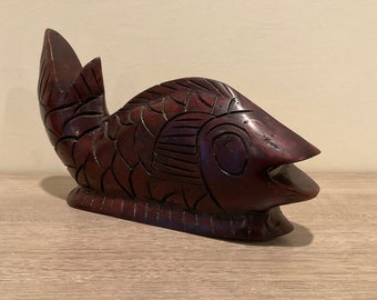 Vintage Mid Century Hand Carved Fish Sculpture Made of Hardwood Coastal Decor Tabletop Fish Figurine Wooden Home Decoration