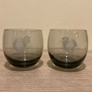 Pair of Vintage 1970&#39;s NFL Rolly Polly Smoke Glasses New England Patriots Smoked Glass Lowball Glasses Collectible Retro Football Glasses