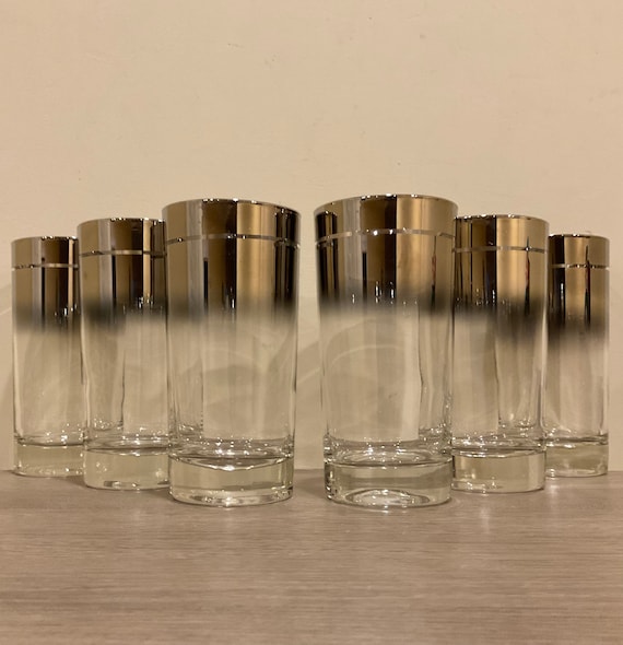 Set of 6 Silver Fade Drinking Glasses 12 Ounce Capacity Mid Century Bar  Glasses Silver Rimmed Tall Glasses Home Bar Gift 