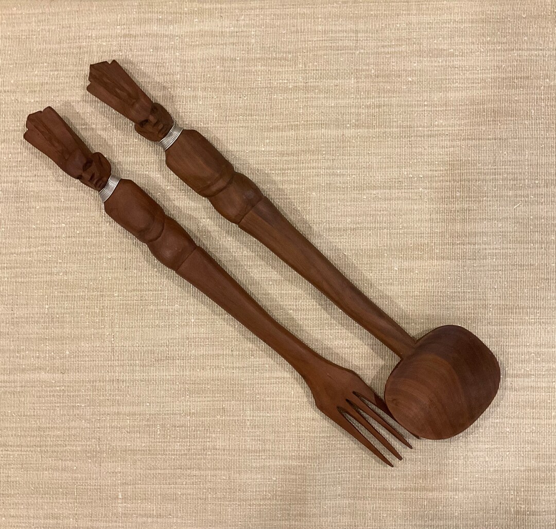 Vintage Hand Carved Tribal Wooden Salad Servers Wood Salad Fork and