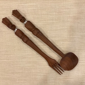 Vintage Hand Carved Wood Salad Servers: Tribal Kitchen Utensils