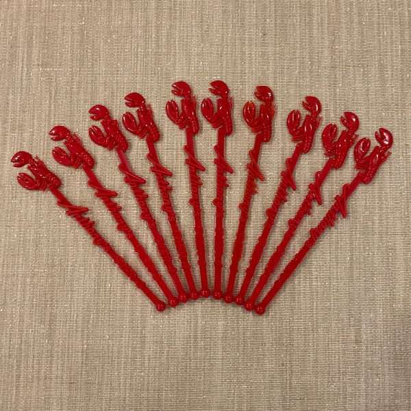 Set of 10 Vintage Anthony’s Pier 4 Red Plastic Cocktail Sticks with Lobster Tops Boston Massachusetts Memorabilia Red Cocktail Stirrers