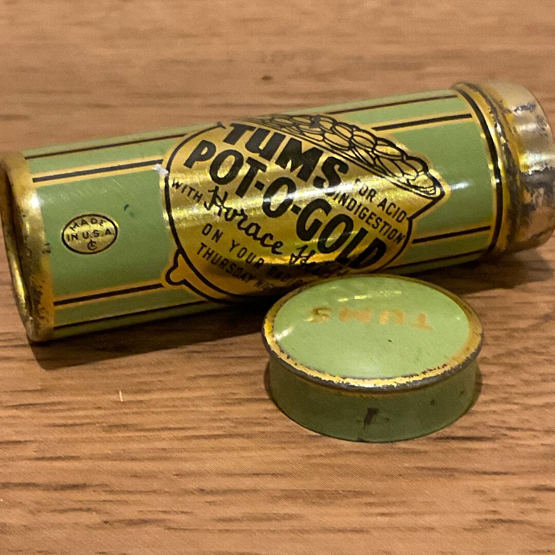 Vintage 1930s Tums poto Gold Metal Container Advertising Horace Heidt