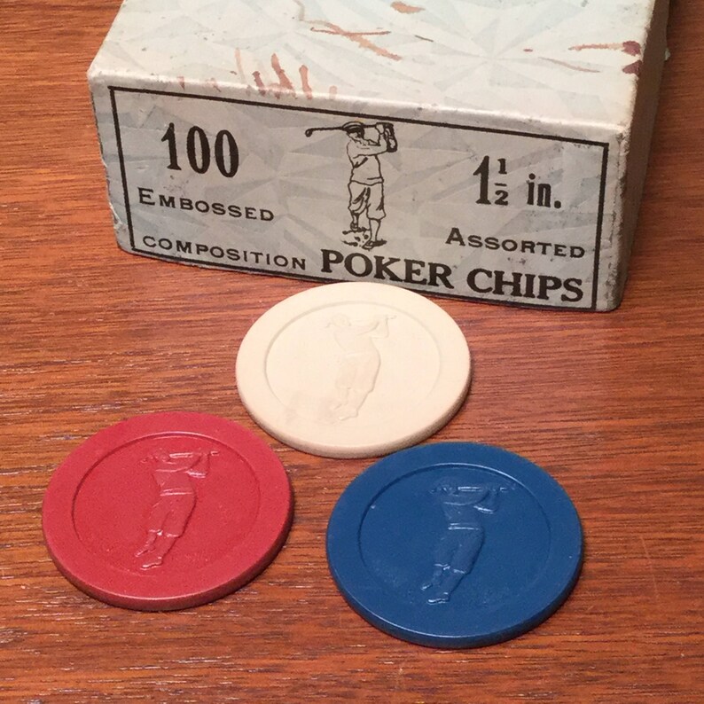 Box of 100 Vintage Embossed Golfer Composition Poker Chips in Red White and Blue Poker Night Vintage Poker Chips