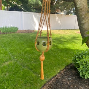 May include: A sage green ceramic sphere planter with circular cutouts, suspended in a tan macrame cord hanger. The hanger features knotted rope details and terminates in a long, decorative tassel hanging below the planter base.
