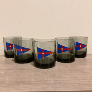 Set of 5 Mid Century Smoke Glass Cocktail Glasses with Nautical Flags Low Ball Glasses Home Bar Whiskey Rocks Old Fashioned Glasses
