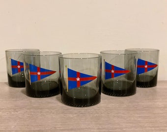 Set of 5 Mid Century Smoke Glass Cocktail Glasses with Nautical Flags Low Ball Glasses Home Bar Whiskey Rocks Old Fashioned Glasses