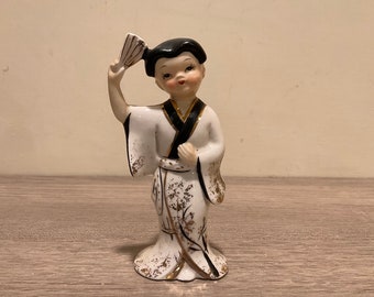 Small Vintage Asian Girl in Kimono with Fan Figurine Made in Japan Asian Decor Garden Dish Figurine  Decoration