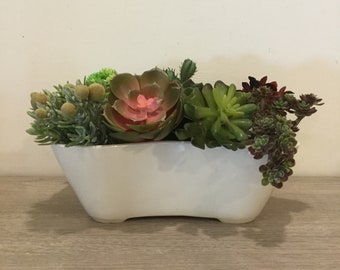 Vintage Mid Century White Ceramic Dog Bone Shaped Planter Unique Shaped Plat Pot Succulent and Herb Low Profile Planter Made in USA