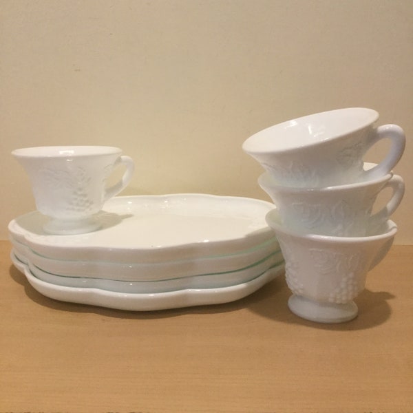 Vintage 8 Piece White Milk Glass Luncheon with Grape and Leaf Design by Colony in Pattern Harvest Snack Set Glass C787 Dishes and Cups