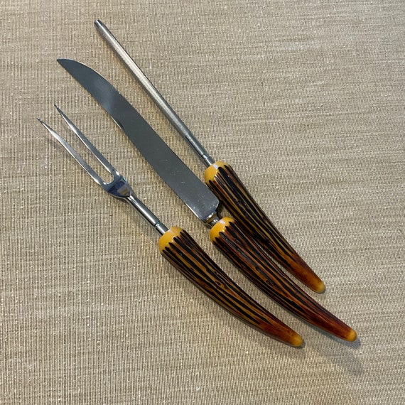 Vintage Crown Crest Carving Set & Steak Knives: Faux Stag Horn